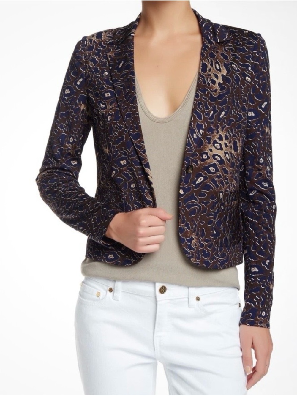 Tory Burch Navy and Brown Leopard-Print Blazer
